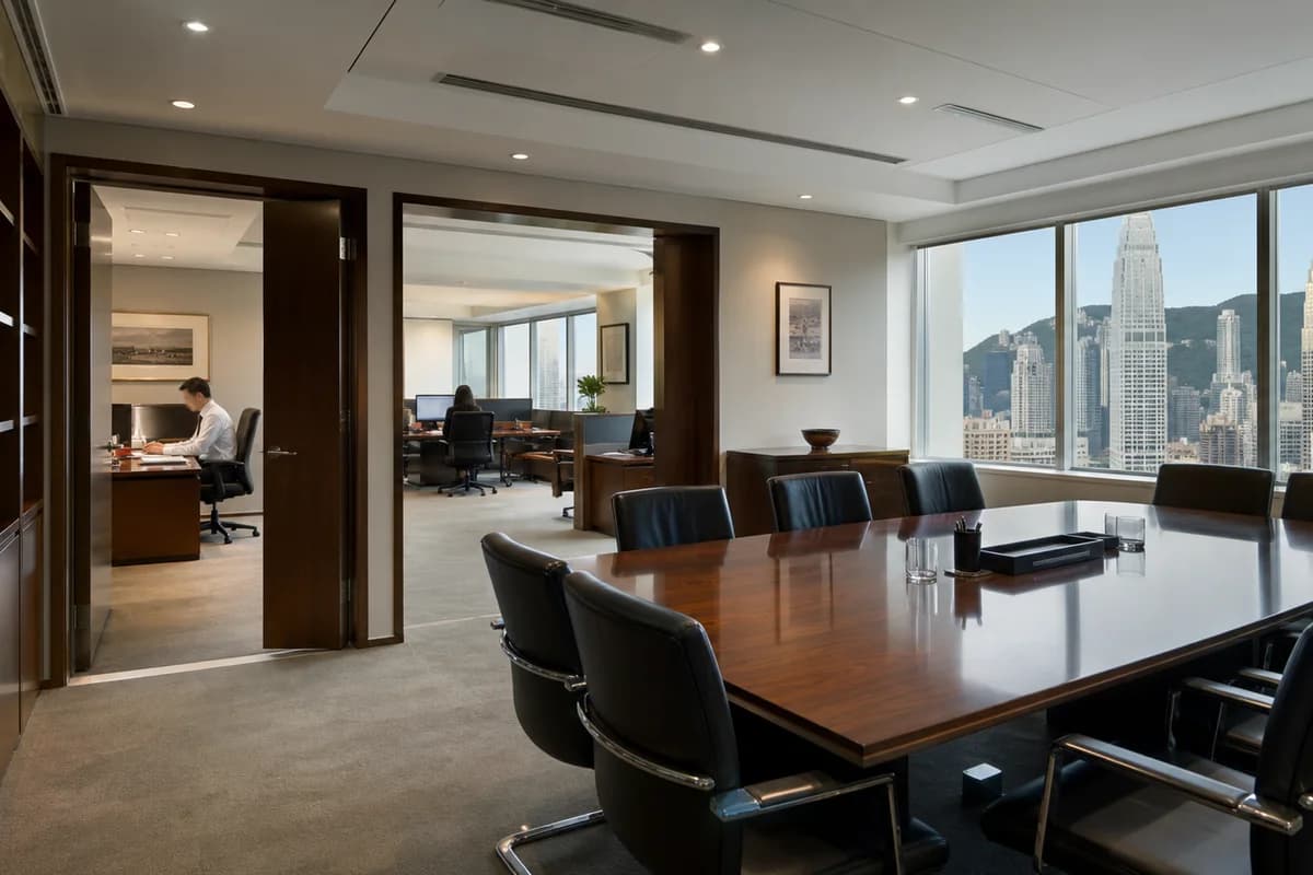 Conference table with city skyline behind it