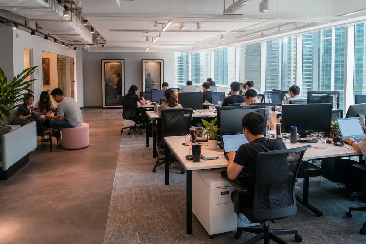 Open coworking floor with breakout area in Quarry Bay