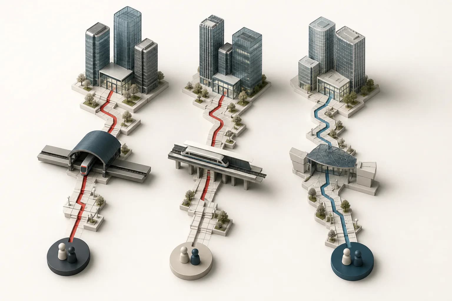 Three abstract door-to-door office journeys connecting people, transit hubs and building entrances.