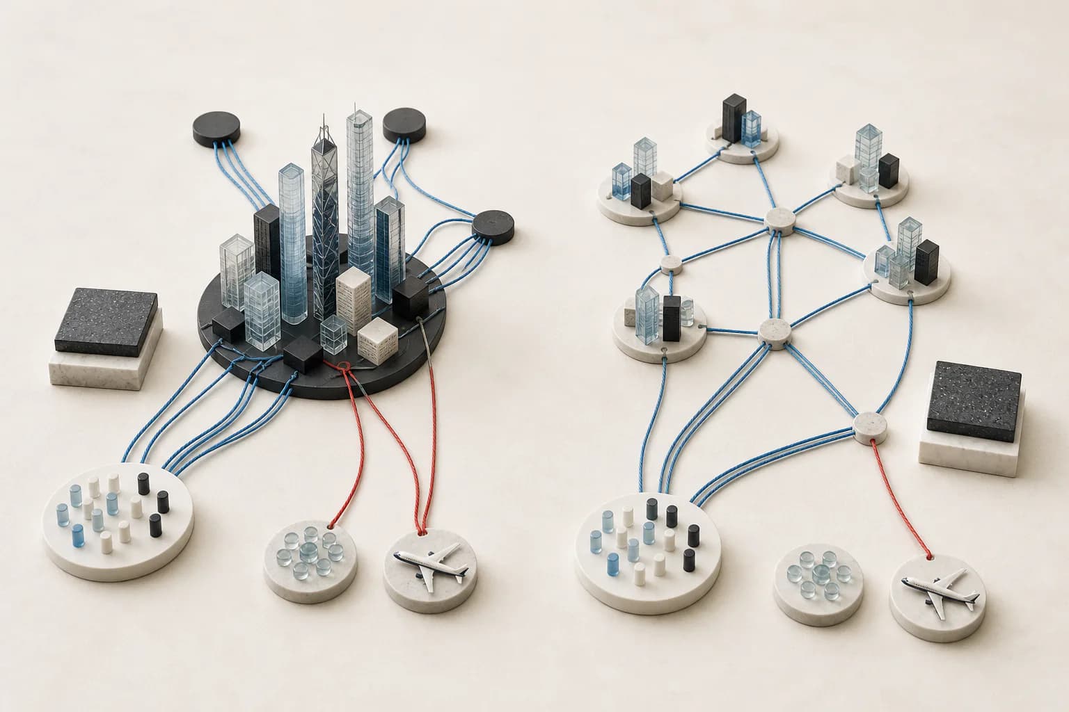 A dense interchange office cluster and a distributed alternative connected to the same staff and visitor origins.