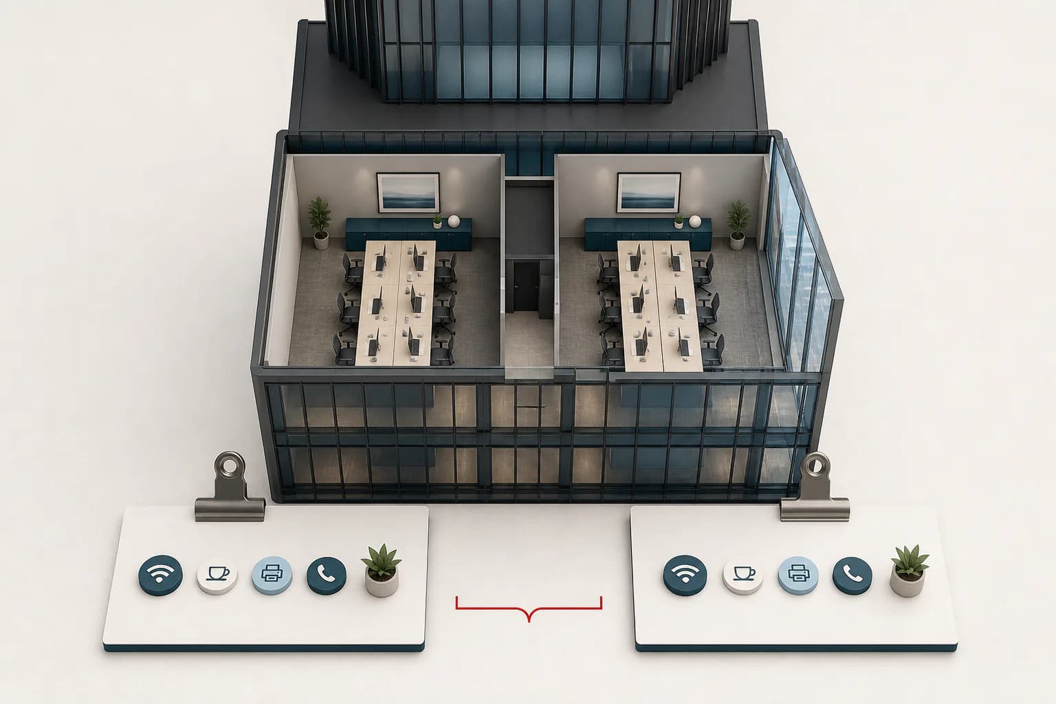 Two matching room models on the same floor aligned with the same service components.