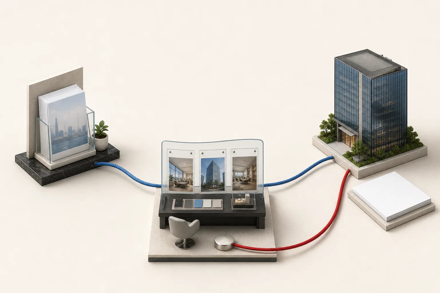 A tenant brief connected to an adviser and an operator in blue, with one red payment path from operator back to adviser.