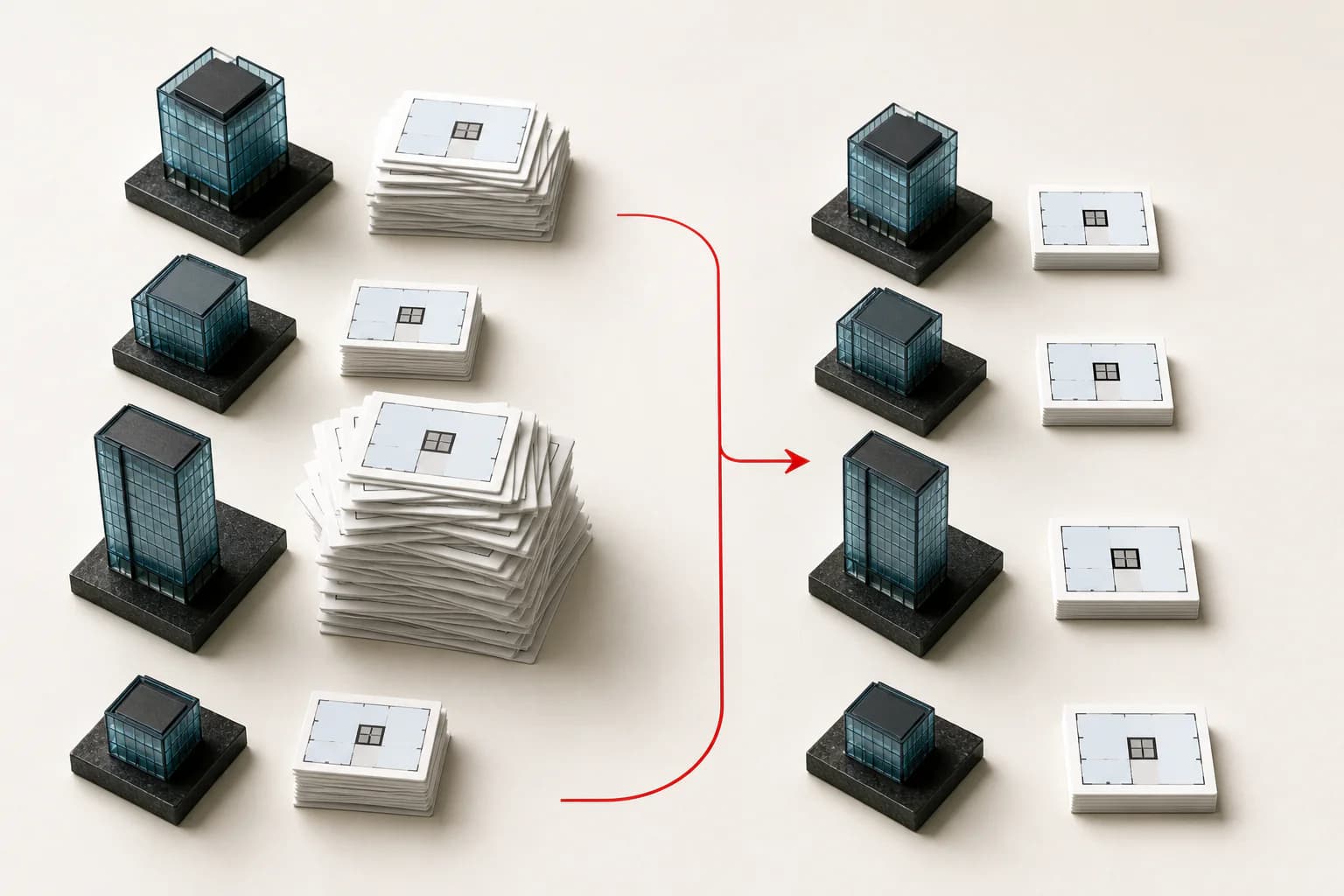 Uneven stacks of room listings being reorganised into one representative group per office centre.