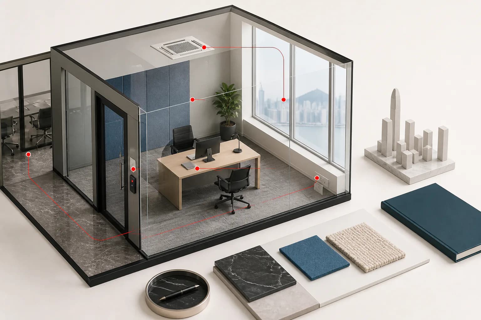 An office-room model with inspection points for access, layout, daylight, air, acoustics and power.