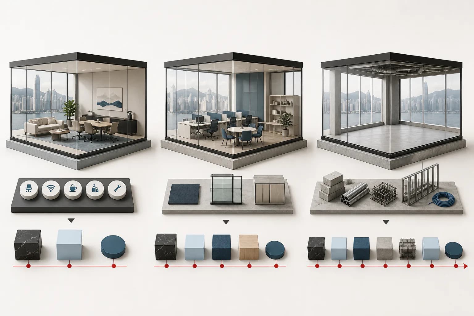 Three office models with different service, fit-out, construction and commitment components.