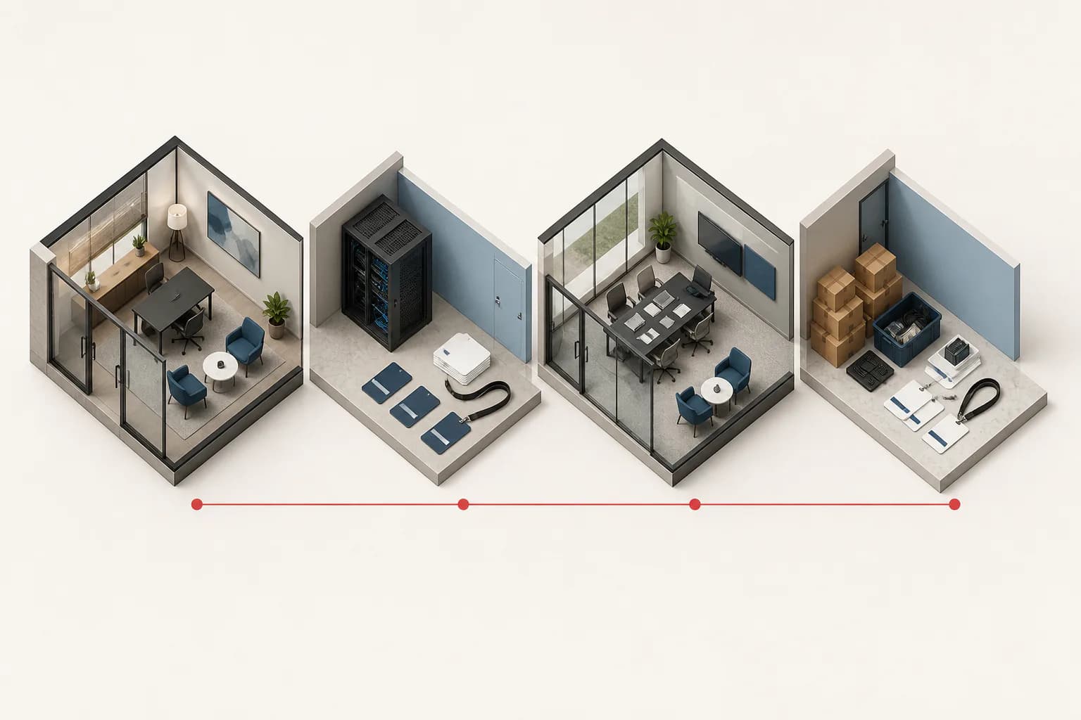 A sequence of office-room, access, active-use and handback components for a short-term occupation.