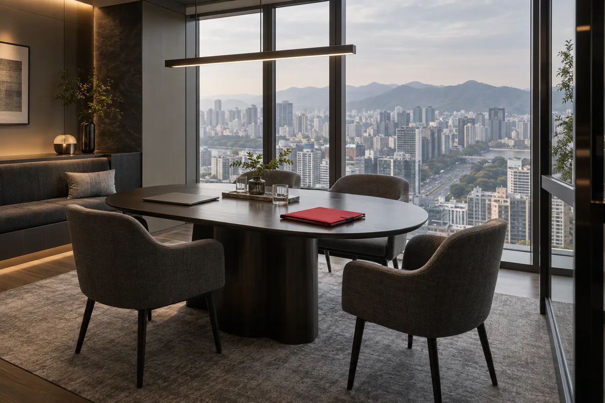 Empty flexible-workspace meeting lounge overlooking Seoul