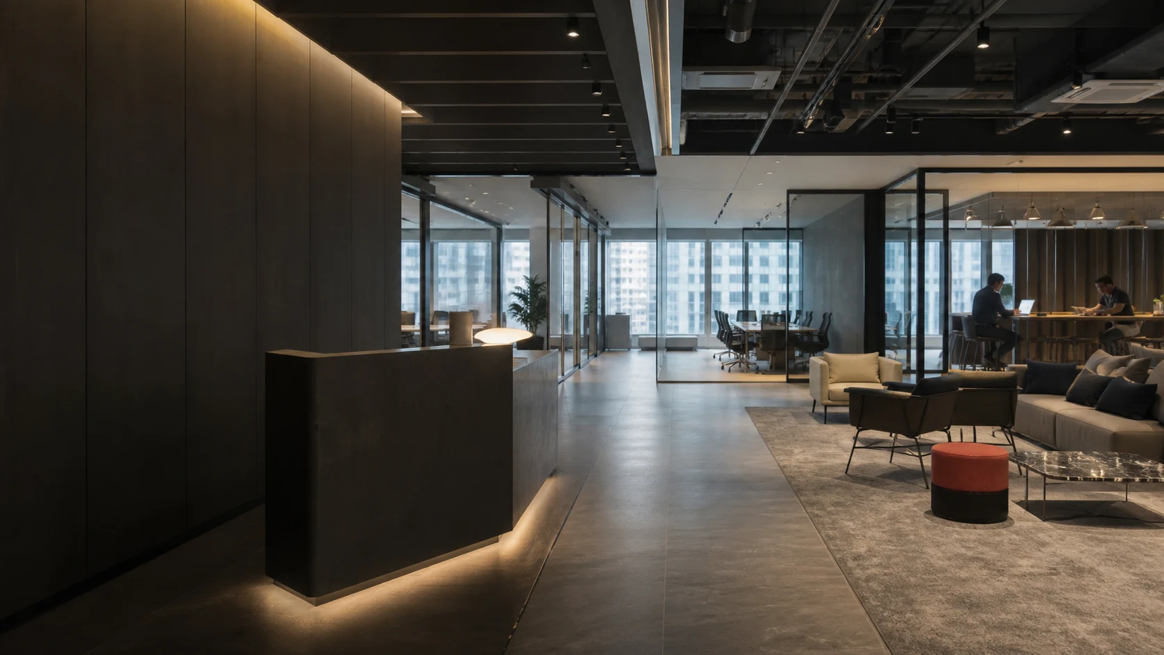 Operator-managed flexible workspace with private offices and shared areas