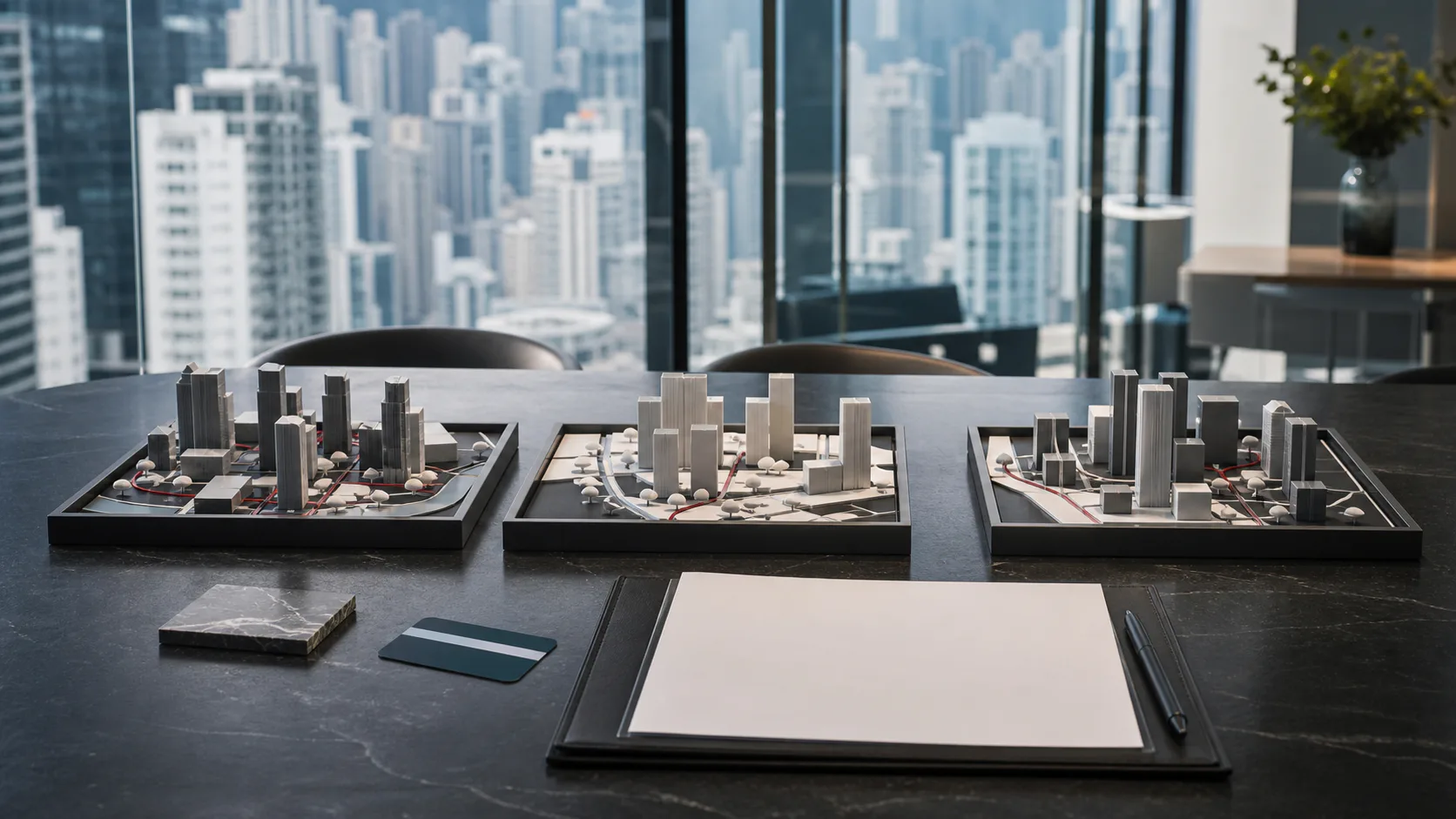 Three abstract office-district models prepared for comparison on a Hong Kong meeting table.