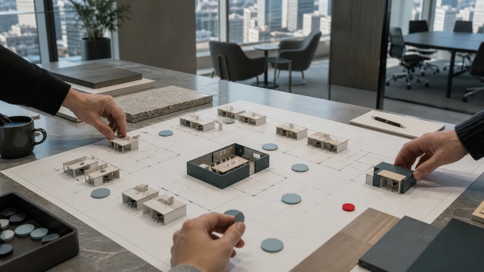 Hands rearranging desk, attendance, meeting-room and growth modules on an office plan.
