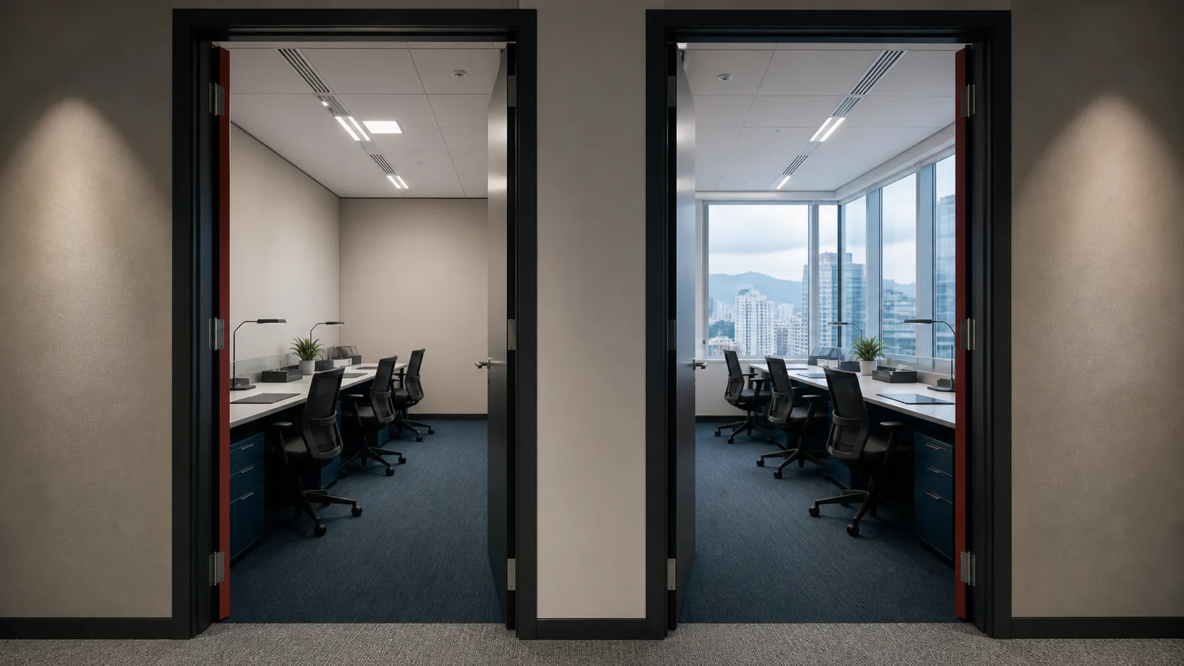 Two matching private team rooms on one office corridor, one internal and one with windows.