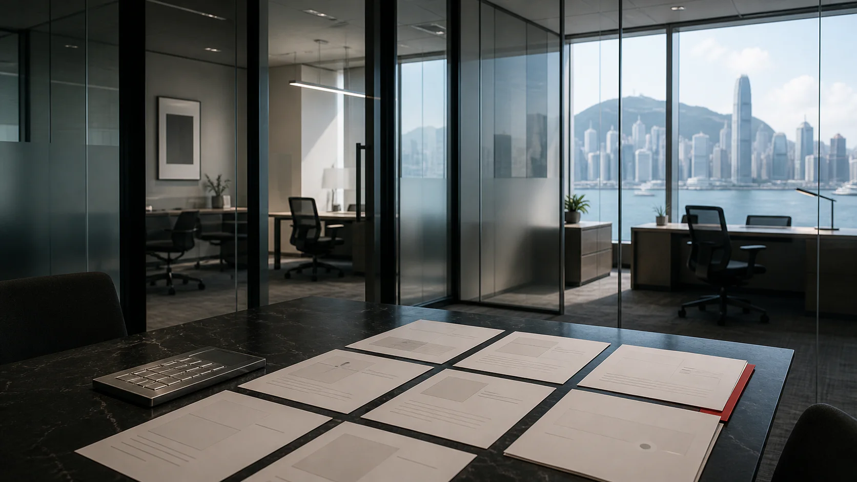 Several serviced-office proposals arranged on a meeting table in a Hong Kong office overlooking Victoria Harbour.