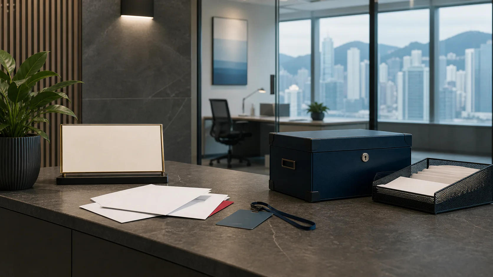 A professional reception counter with blank mail, a blank display plaque and secure records storage.