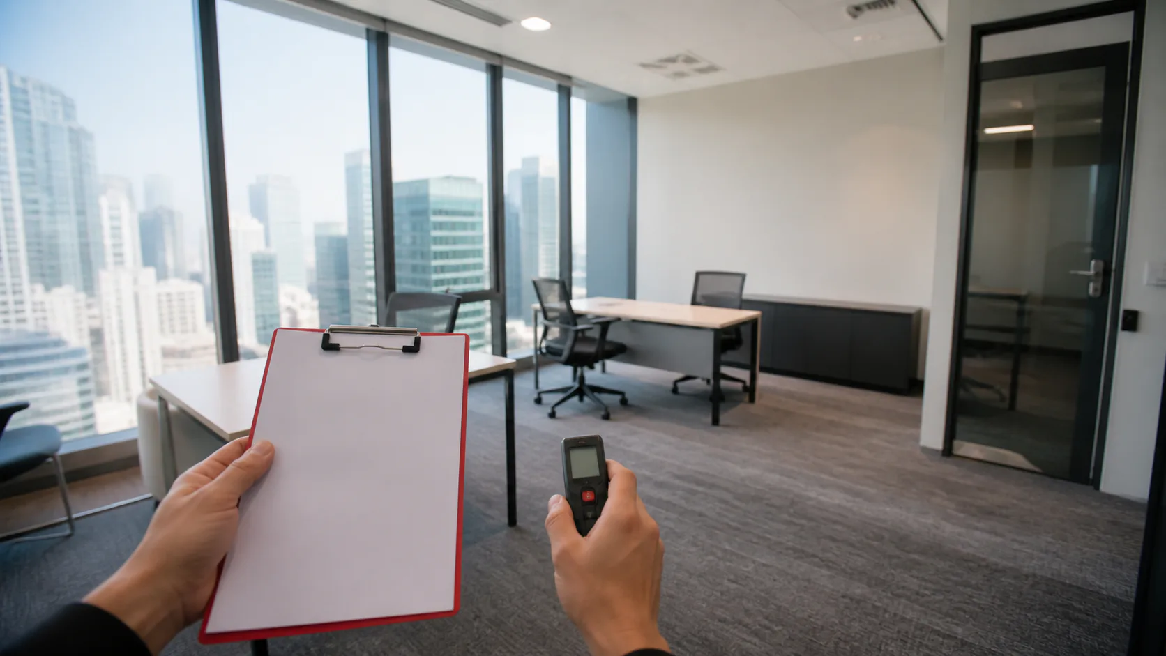 A visitor checks a private office with a blank clipboard and laser measure during a viewing.