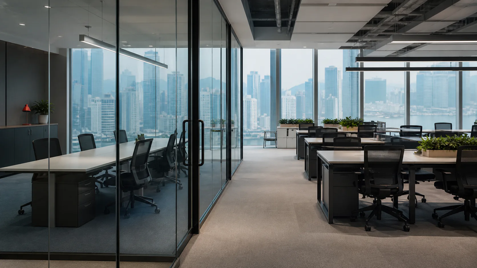 An enclosed private team room and an open shared work area within one contemporary Hong Kong office floor.