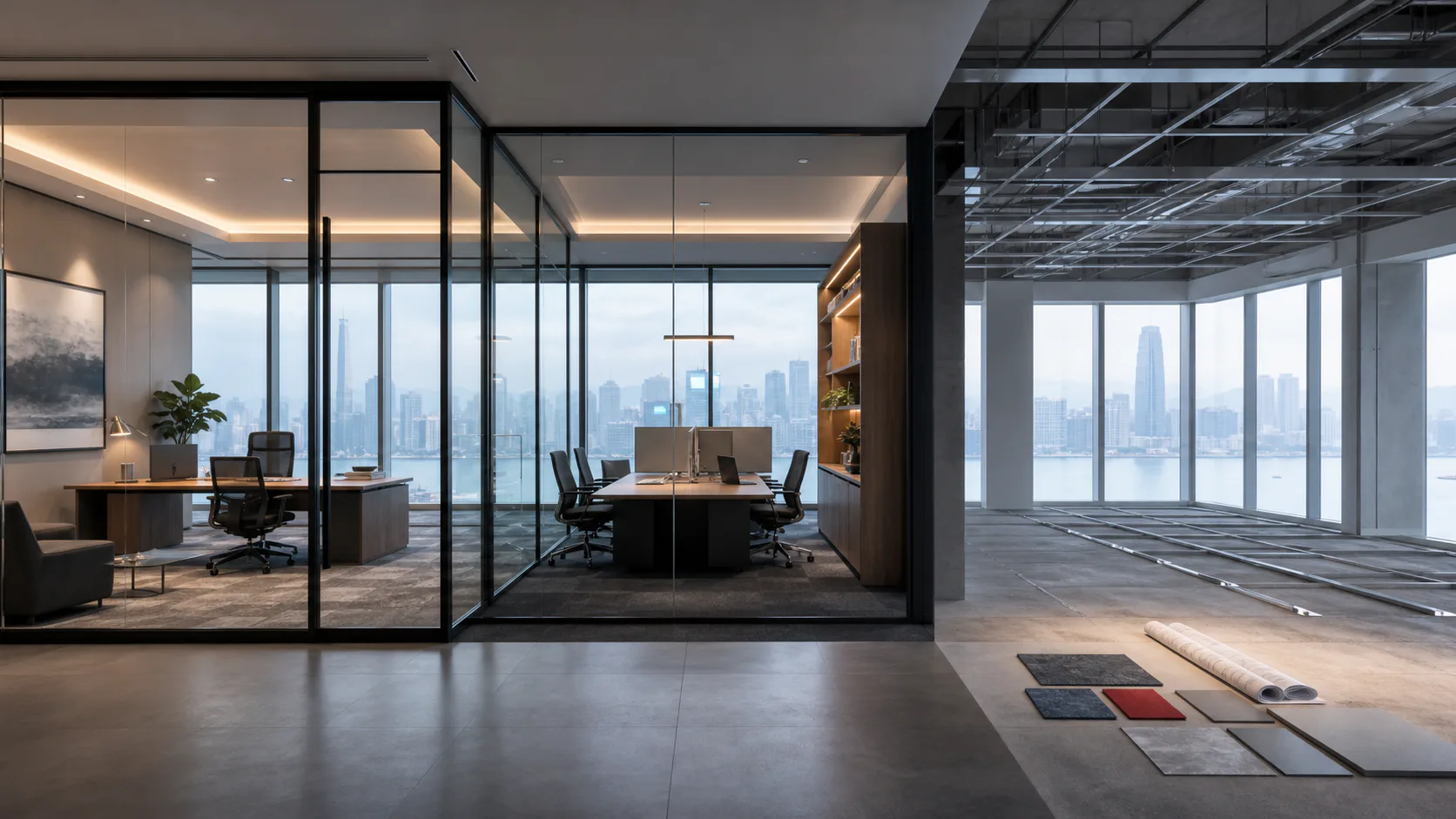 Turnkey, fitted and bare office zones shown across one contemporary Hong Kong office floor.